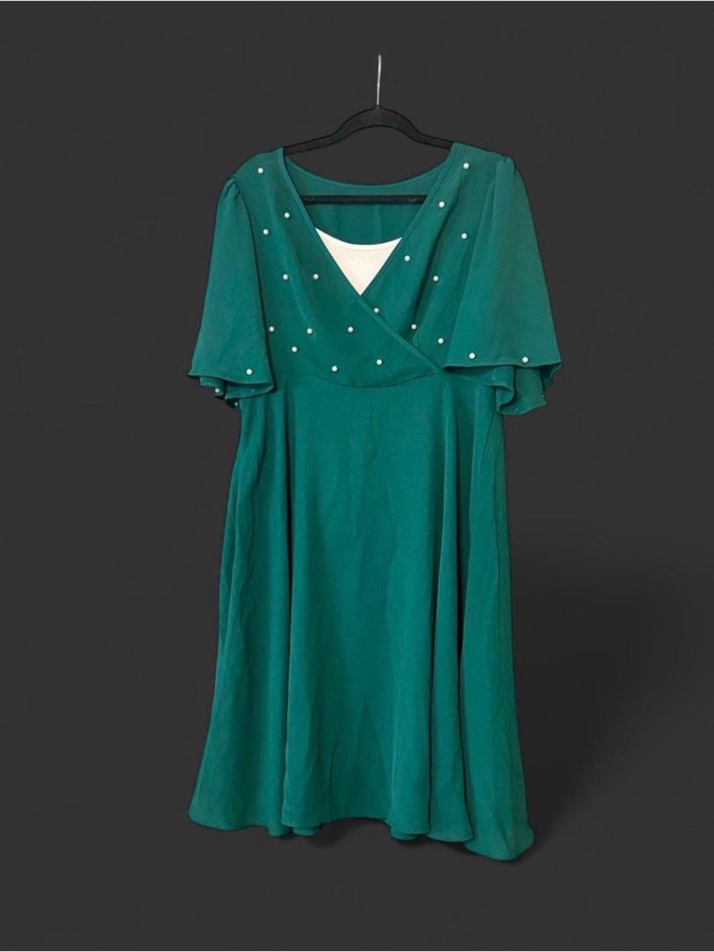 Dress V-Neck Midi Dress Pearls emerald green XL womans T length holiday flowy - Picture 3 of 7